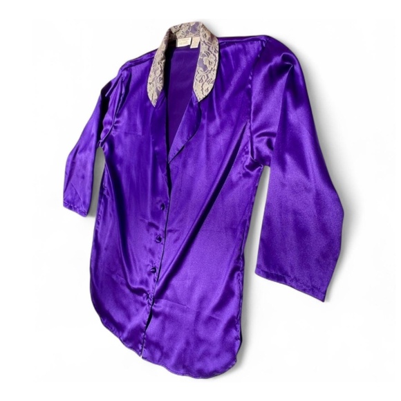 90s Victoria’s Secret Satin Button Down, Lace Collar, Sm, Gold Label Jewel Tone - Picture 5 of 9